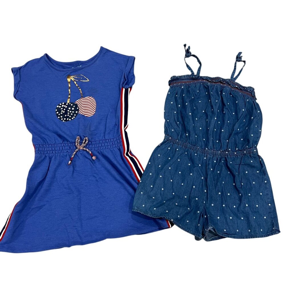 Cat & Jack Girls Blue Cherry Dress & Denim Polka Dot Romper Set
